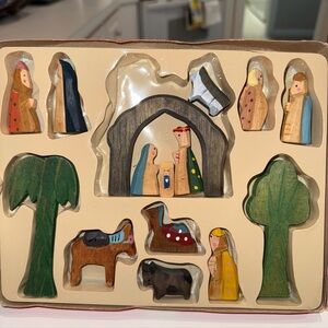 Vintage Handcrafted Wooden Nativity Play Set - Multicolor
